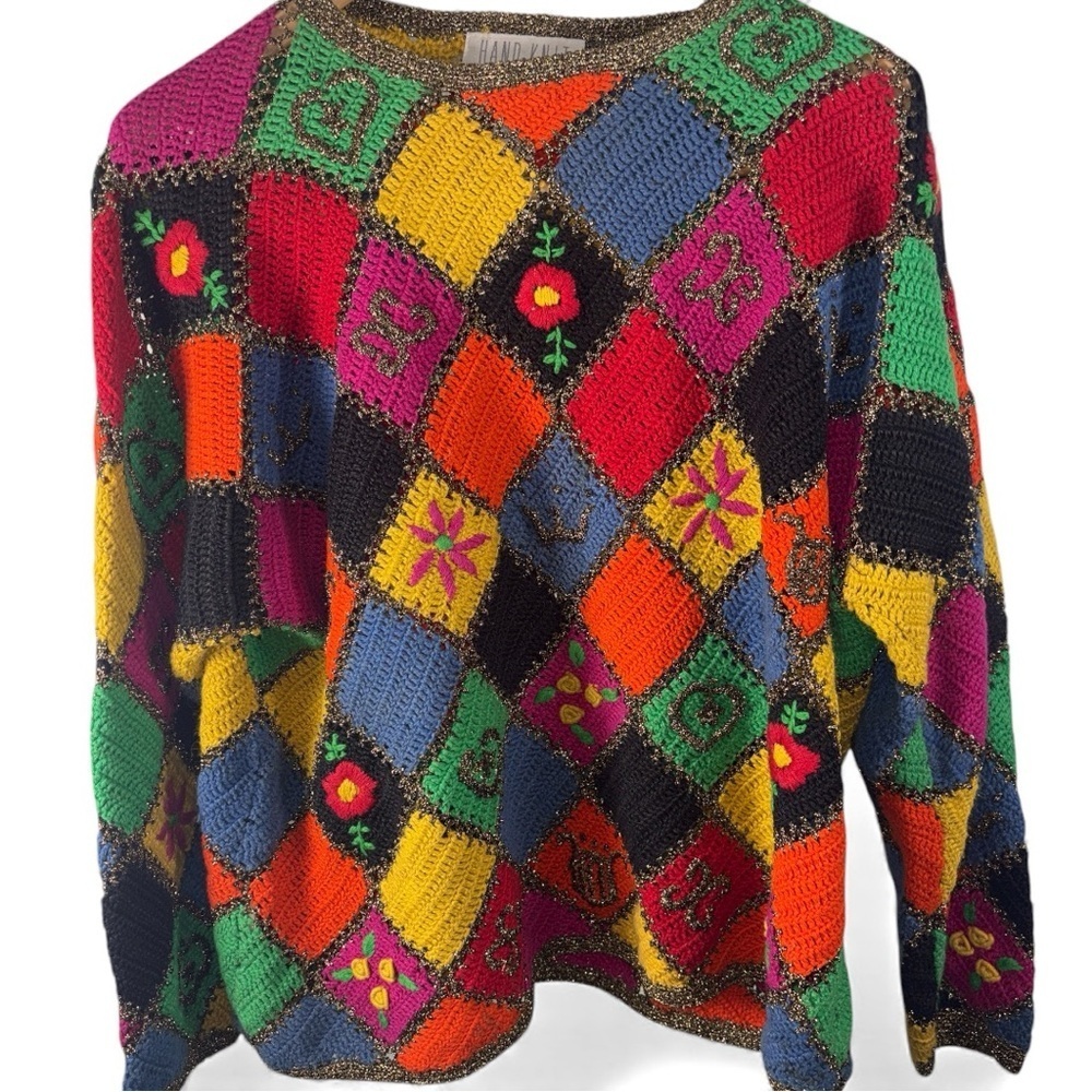 Vintage hand knit by The Limited Multicolor Patchwork retro hippie Sweater